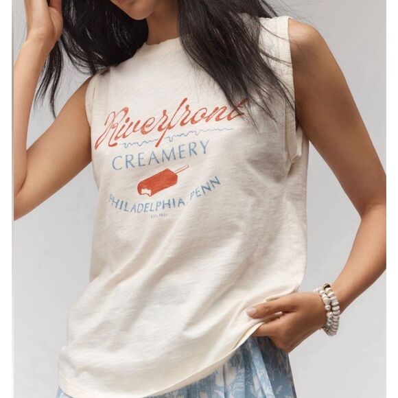 Anthro X Pilcro Riverfront Creamery Vinnie Muscle Tee Graphic Top small NEW - Picture 8 of 9